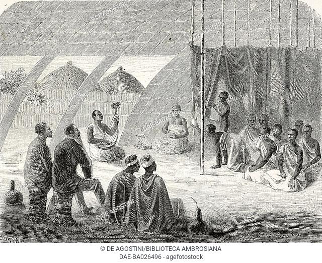 King Mutesa's guards at rations, drawing by Emile Antoine Bayard (1837-1891), from Journal of the Discovery of the Source of the Nile