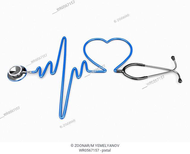 Stethoscope and a silhouette of the heart and ECG. 3d