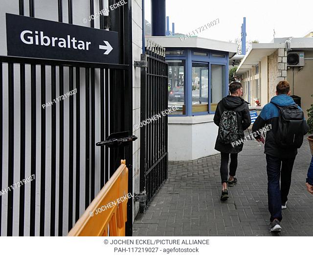 A sign indicates the way to Gibraltar at the border between Spain and Gibraltar, 14 February 2019..Gibraltar is waiting to see how Britain's future departure...
