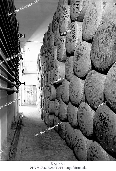Refrigeration rooms where the hops are kept at the Peroni factory in Naples, formerly called Birrerie Meridionali di Napoli, shot 1950 ca