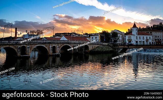 Tomar, Portugal: 8 December 2020: the beautiful old city center of Tomar in Portugal at sunset