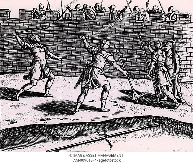 Roman spearmen attacking the walls of a besieged fortress  From 'Poliorceticon sive de machinis tormentis telis' by Justus Lipsius Joost Lips Antwerp