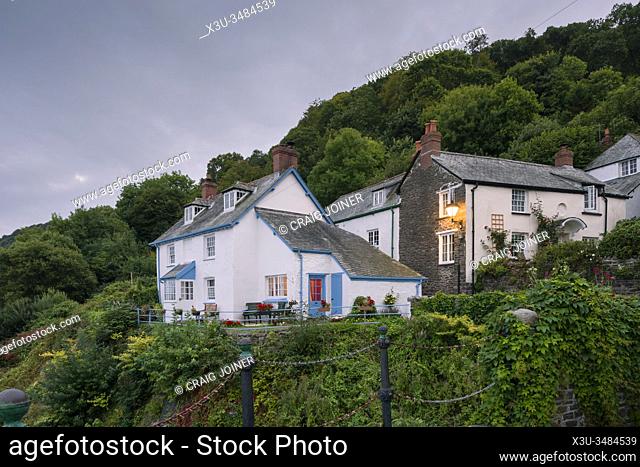Cottages on the hillside at the harbour village of Clovelly on the North Devon coast, England