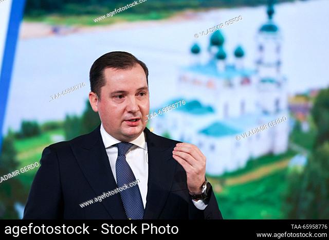 RUSSIA, MOSCOW - DECEMBER 21, 2023: Arkhangelsk Region Governor Alexander Tsybulsky attends the opening of Arkhangelsk Region Day during the Russia Expo...