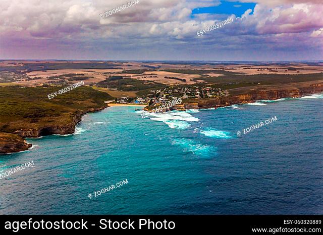 Pacific coast. Australia. Scenic coastline. The concept of extreme, active and photo tourism. Picture taken from a helicopter