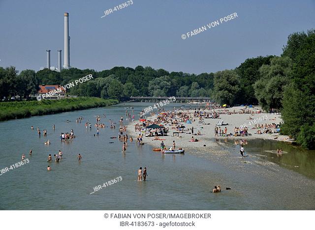 Bathers at the Flaucher, Isar, Thalkirchen, Munich, Upper Bavaria, Bavaria, Germany