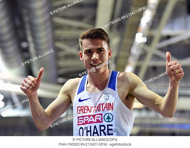 02 March 2019, Great Britain, Glasgow: Athletics, European Indoor Championships, 3000 metres, men, finals, in the Emirates Arena: Chris O'Hare, Great Britain