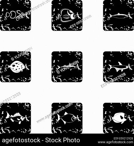 Fish icons set. Grunge illustration of 9 fish vector icons for web