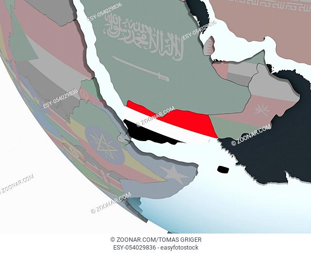 Yemen on political globe with embedded flag. 3D illustration