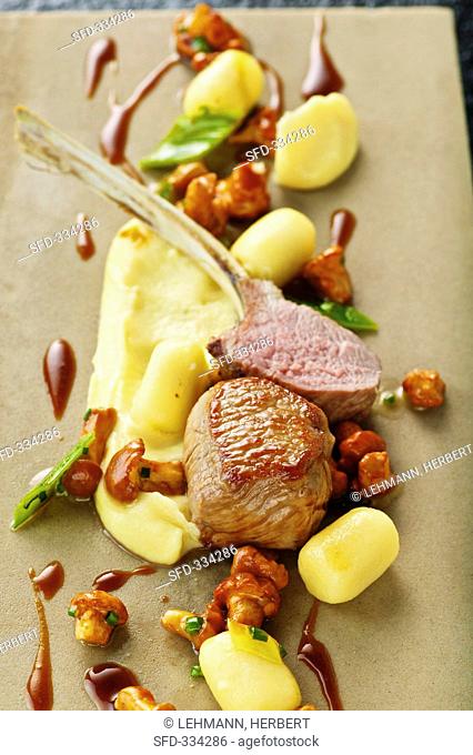Roasted saddle of lamb with gnocchi, chanterelle mushrooms and mashed potato