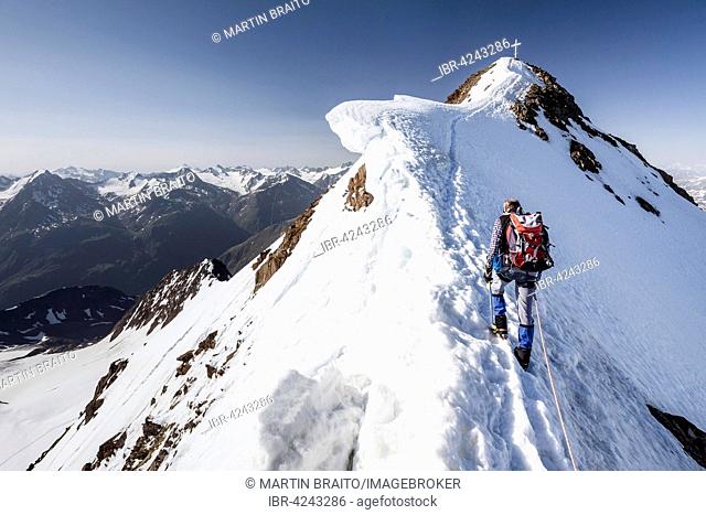 Mountaineer ascending the Wildspitze summit via the northeast ridge, Venter valley, Vent, Sölden, Ötztal, Alps, Tyrol, Austria