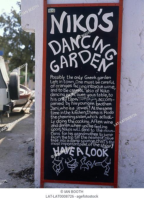 Taverna sign advertising Niko's Dancing Garden. Ionian Islands