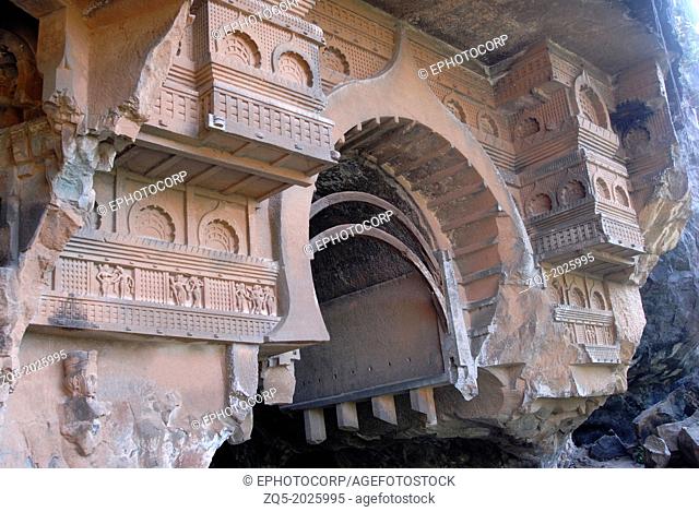 General-View of the facade of Chaitya. Kondana Caves, Karla, Maharashtra India. This cave group has 16 Buddhist caves. The caves were excavated in first century...