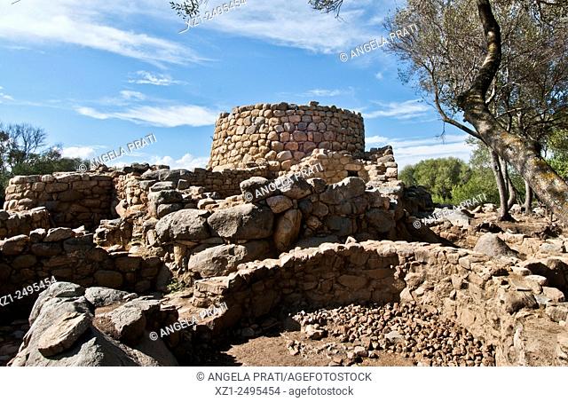 Italy, Sardegna, Arzachena, nuraghic site La Prisgiona, in Capichera region, complex with village and defensive wall, dating to the 13th-8th century BC