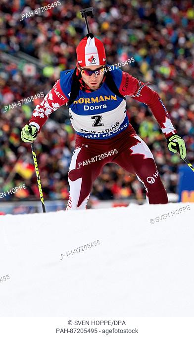 The biathlon athlete Christian Gow from Cananda participates in the men's 10 km sprint within the Biathlon Worldcup at the Chiemgau Arena in Ruhpolding, Germany