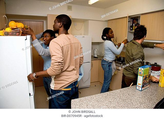 University students doing chores in shared accommodation kitchen