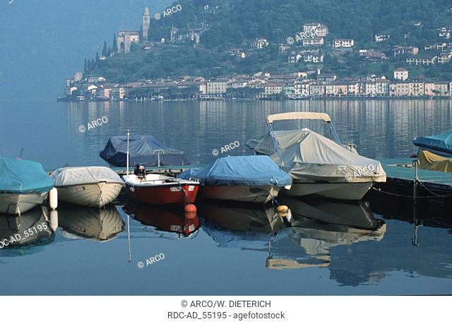 Boats on Lake Lugano view on Morcote Ticino Switzerland