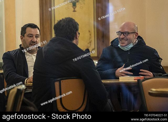Leader of Lega party Matteo Salvini with Giancarlo Giorgetti during a coffee break at the Giolitti bar , Rome, ITALY-04-02-2021