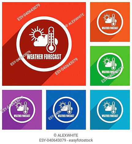 Weather forecast flat design vector icon set. Colorful buttons for web design and smartphone and mobile phone applications