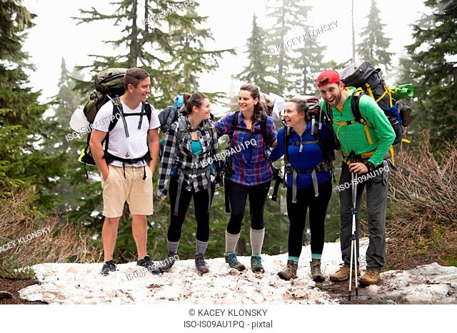 Group of friends on hiking trip, Lake Blanco, Washington, USA