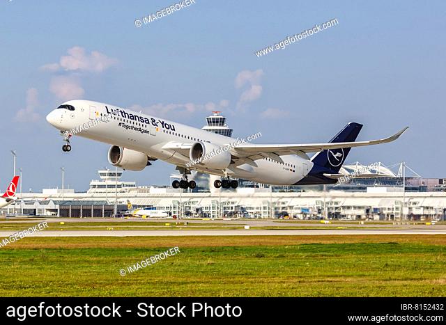 A Lufthansa Airbus A350-900 aircraft with the registration D-AIXP at the airport in Munich, Germany, Europe