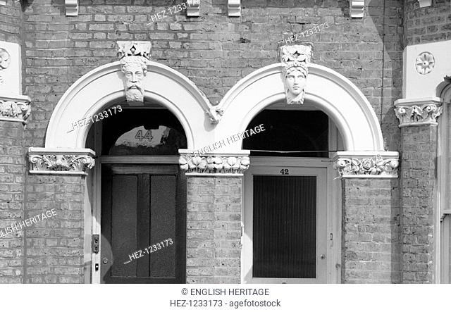 Woodland Road, Streatham, London, c1945-1980. Detail view showing porchways with arches and capitals to numbers 42 and 44