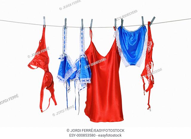 Blue and red lingerie hanging