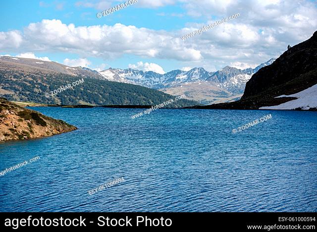 Beautiful Querol Lake in the mountain refuge in the Incles Valley, Canillo, Andorra