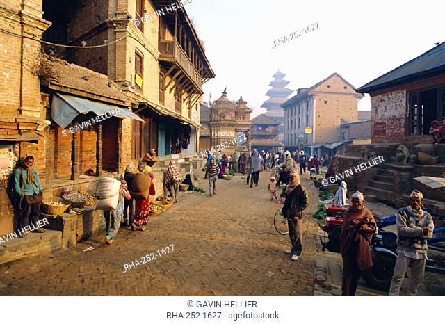 Early morning market in the street, Bhaktapur Bhadgaun, Kathmandu Valley, Nepal