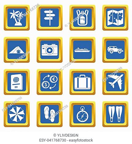 Travel icons set in blue color isolated illustration for web and any design