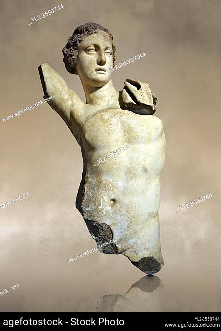Greek Hellenistic marble statue of Apollo, God of light, fine arts & prophecy, 2nd cent. B. C. Istanbul Archaeological museum Inv 383 T. Cat