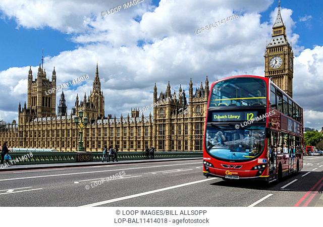 A London Bus in front of The Houses of Parliament