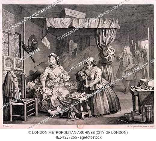 'The Compleat trull at her lodging in Drury Lane', plate III of The Harlot's Progress, 1732; the harlot's handsome young lover has cost her an easy life with...