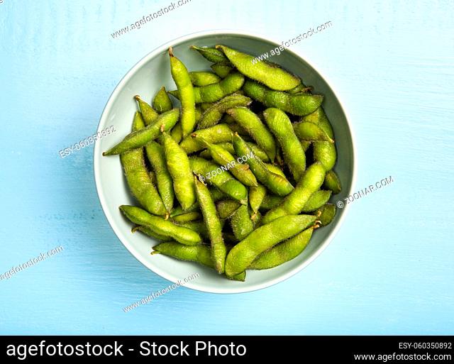 flat lay edamame beans in bowl