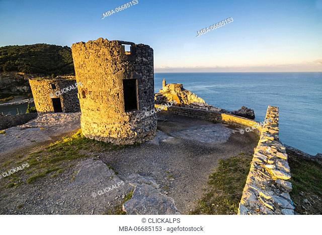 Sunrise on the old ruins and church perched on the promontory Portovenere province of La Spezia Liguria Italy Europe