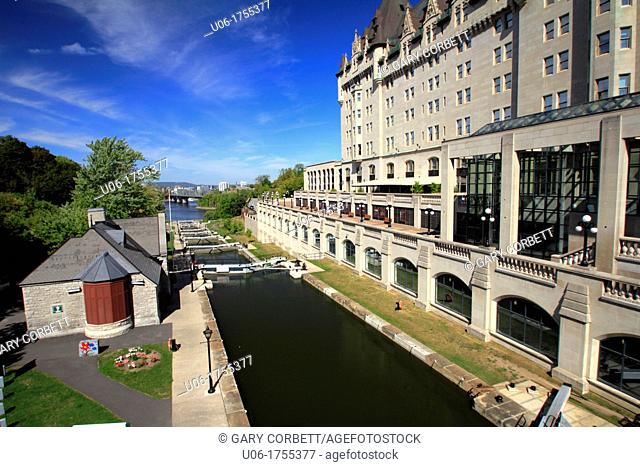 The Rideau canal in downtown Ottawa Ontario Canada beside the Chateau Laurier Hotel