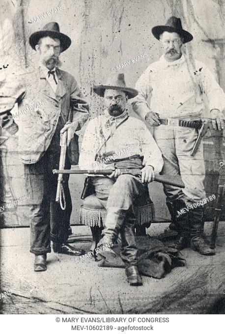 William A. Pinkerton with railroad special agents Pat Connell (left) and Sam Finley (right), full-length portrait. Date ca. 1880