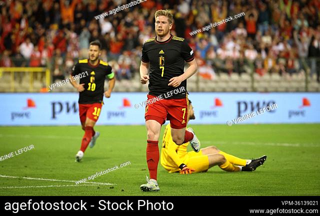 Belgium's Kevin De Bruyne celebrates after scoring during a soccer game between Belgian national team the Red Devils and Poland