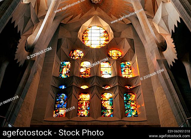 Stained windows from inside the Sagrada Familia in Barcelona, Spain. High quality photo