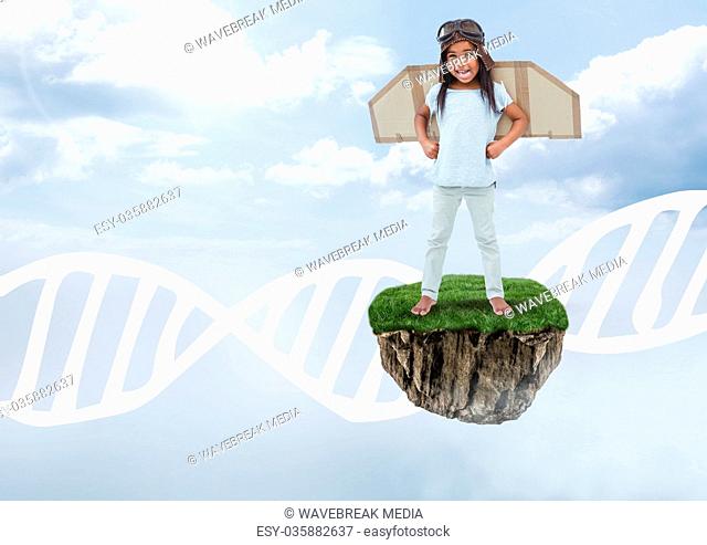 Young Girl on floating rock platform in sky with wings and DNA graphic