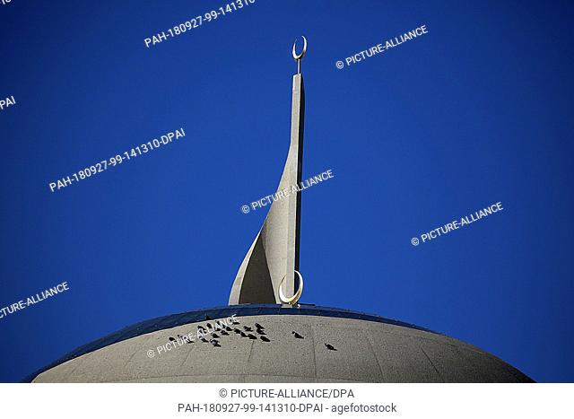 27 September 2018, North Rhine-Westphalia, Cologne: Pigeons sit on the dome of the Ditib Mosque. The Turkish President Recep Tayyip Erdogan opens the Central...