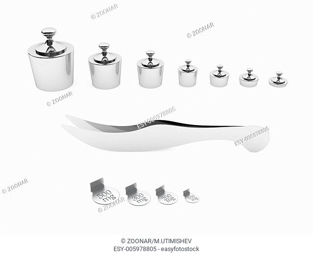 A set of metal weights and tweezers for scales. High resolution 3D image