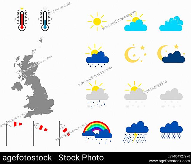Karte von Grossbritannien mit Wettersymbolen - Map of Great Britain with weather symbols