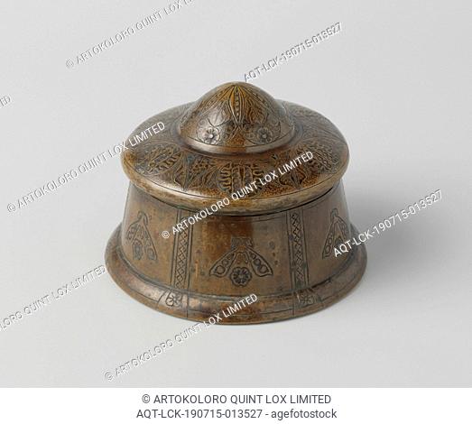 Round tombak tobacco jar with lid, The driven object consists of a container and a lid attached by a hinge. The base and the conical wall of the container are...