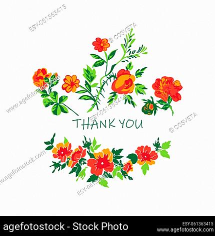 Wedding invitation floral card. Wreath roses flowers, stems, leaves in pastel green red colors on white background. Vector illustration, greeting card, logo