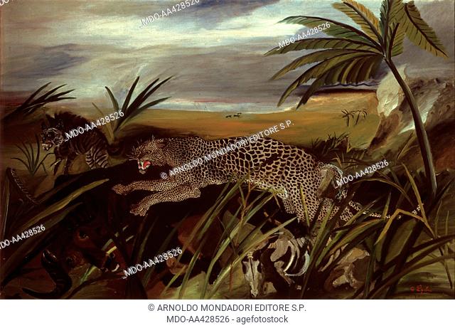 Leopard with buffalo and hyena, by Antonio Ligabue, 1928 - 1929, 20th Century, oil on canvas, 83 x 126 cm. Private collection. Whole artwork view