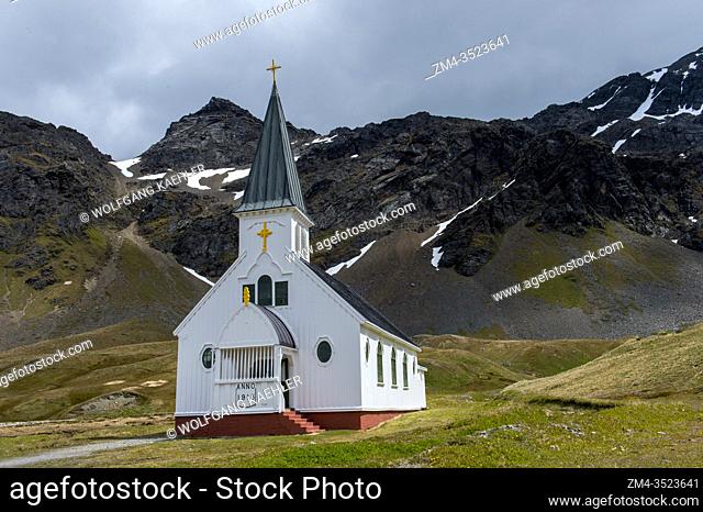 The renovated church from 1913 at the Norwegian whaling station in Grytviken on South Georgia Island, Sub-Antarctica