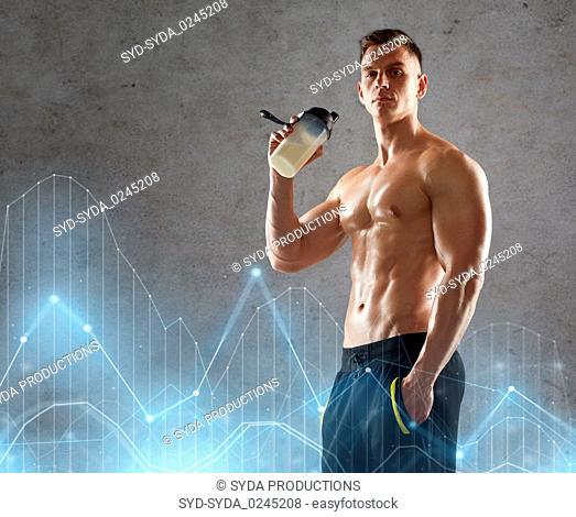 young man or bodybuilder with protein shake bottle