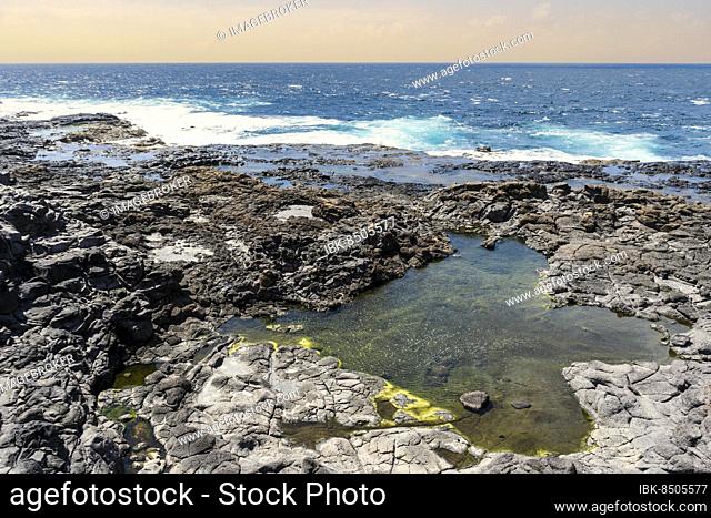 Charcones natural pools with green algae in Lanzarote, Canary Islands, Spain, Europe