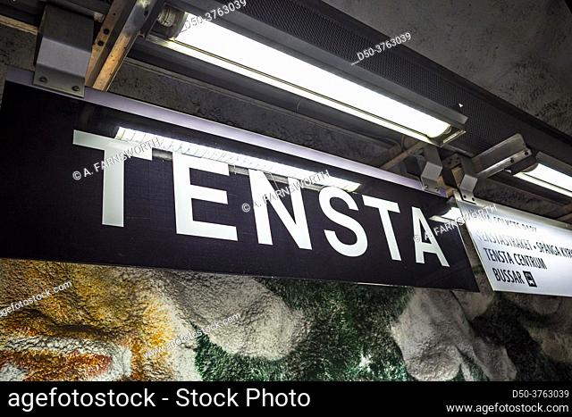 Stockholm, Sweden A sign for the Tensta tunnelbana or subway station on the Blue Line